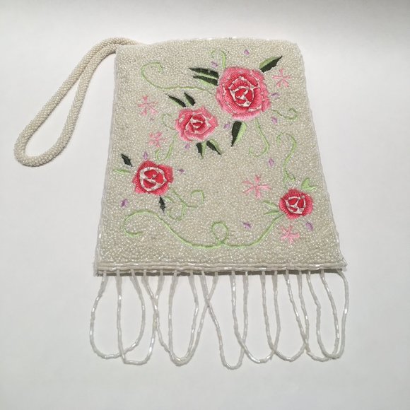 Handbags - WHITE BEADED PURSE WITH RED ROSES